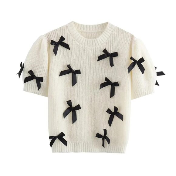 Perfee Bow Graphic Round Neck Long Sleeve Sweater